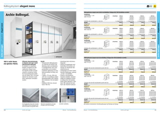 Rollregalsystem elegant move

frei Haus

Rollregalsystem elegant move (nicht verschließbar), lichtgrau RAL 7035 (Fachböden verzinkt)
Ausführung
4 Ordnerhöhen = 4 OH
Höhe 1715 mm

Archiv und Lager Rollregalsystem elegant move

Fachtiefe 600 mm/Nutztiefe 2 x 300 mm
Modell
Ablagemeter
Preis in €
Ausführung
5 Ordnerhöhen = 5 OH
Höhe 2040 mm

Fachtiefe 600 mm/Nutztiefe 2 x 300 mm
Modell
Ablagemeter
Preis in €
Ausführung
6 Ordnerhöhen = 6 OH
Höhe 2340 mm

Fachtiefe 600 mm/Nutztiefe 2 x 300 mm
Modell
Ablagemeter
Preis in €

1

Effiziente Stauraumnutzung
in Magazin und Lager. Durch
platzsparende Rollregale.
Im Vergleich zu stationären
Regalen ermöglicht das Rollregalsystem elegant move
die doppelte Anzahl an Regaleinheiten auf gleicher Fläche.
Die Stauraumkapazität erhöht
sich um nahezu 100 %. Oft kann
dadurch das Anmieten zusätzlicher Lagerräume vermieden
werden.

8290,00 €

Details
•	 Platzsparendes Rollregalsystem
zur Lagerung von Kartons und
Werkzeug sowie von Kleinteilen
in Sichtlagerkästen oder Transportbehältern auf verzinkten
Fachböden (Abkantung 25 mm),
höhenverstellbar im Raster von
25 mm.
•	 3 Höhen: 1715 mm, 2040 mm,
2340 mm. Gesamtlänge variabel
(Komplettmodelle siehe Tabelle),
inkl. mindestens 750 mm Bediengang.
•	 Feldbreite 1000 mm, Gesamtbreite 1200 mm.

140

Archiv und Lager

Alternativ: Regalpodest mit abgeschrägter Kante (auf Anfrage).

2700 mm

3 x doppelseitig
emz4-3
24
4200,00
Anlagenlänge

Anlagenlänge

4 x doppelseitig
emz4-4
32
5590,00

4 x doppelseitig
emz5-4
40
5950,00

2700 mm

3 x doppelseitig
emz6-3
36
4670,00

5 x doppelseitig
emz4-5
40
6760,00

3400 mm

2700 mm

3 x doppelseitig
emz5-3
30
4450,00

4100 mm

3400 mm

4100 mm

5 x doppelseitig
emz5-5
50
7210,00
4100 mm

3400 mm

4 x doppelseitig
emz6-4
48
6250,00

5 x doppelseitig
emz6-5
60
7570,00

4800 mm

6 x doppelseitig
emz4-6
48
8170,00
4800 mm

6 x doppelseitig
emz5-6
60
8710,00
4800 mm

6 x doppelseitig
emz6-6
72
9140,00

Rollregalsystem elegant move (verschließbar), lichtgrau RAL 7035 (Fachböden verzinkt)

•	 Versteifung durch Feld-Kreuzdiagonale.
•	 Antrieb der Regalwagen standardmäßig mit Handrad, auf
Anfrage per Handschub oder
elektromotorisch.
•	 Leichtgängig auf einem Podest
laufende Regalwagen, optional
„en bloc“ verschließbar.
•	 Fronten in verschiedenen
Varianten erhältlich. Standardmäßig mit Stahlblech-Fronten
in lichtgrau RAL 7035 (weitere
Farben gegen Mehrpreis, siehe
Seite 198), optional mit Lochblech oder akustisch wirksam.

Ausführung
4 Ordnerhöhen = 4 OH
Höhe 1715 mm

Fachtiefe 300 und 600 mm/Nutztiefe jeweils 300 mm
Modell
Ablagemeter
Preis in €
Ausführung
5 Ordnerhöhen = 5 OH
Höhe 2040 mm

Fachtiefe 300 und 600 mm/Nutztiefe jeweils 300 mm
Modell
Ablagemeter
Preis in €
Ausführung
6 Ordnerhöhen = 6 OH
Höhe 2340 mm

Das Regalpodest liegt ohne Verankerung stabil auf dem Untergrund auf.
Hier die Variante mit gerader Kante.

Anlagenlänge

Verzinkte Fachböden.

Mauser – Der Bestellkatalog

Anlagenlänge

2900 mm

2 x einseitig
2 x doppelseitig
emvz4-22
24
4830,00
Anlagenlänge

4300 mm

2 x einseitig
4 x doppelseitig
emvz4-42
40
7360,00

3600 mm

2 x einseitig
3 x doppelseitig
emvz5-32
40
6660,00

2900 mm

4300 mm

2 x einseitig
4 x doppelseitig
emvz5-42
50
7900,00

3600 mm

4300 mm

5000 mm

2 x einseitig
5 x doppelseitig
emvz4-52
48
8735,00
5000 mm

2 x einseitig
5 x doppelseitig
emvz5-52
60
9370,00
5000 mm

1

2 x einseitig
Fachtiefe 300 und 600 mm/Nutztiefe jeweils 300 mm
2 x doppelseitig
Modell
emvz6-22
Ablagemeter
36
Preis in €
5440,00
Alle weiteren Antriebsarten, Einrichtungslösungen und Montage auf Anfrage.

Mauser – Der Bestellkatalog

2 x einseitig
3 x doppelseitig
emvz4-32
32
6205,00

2900 mm

2 x einseitig
2 x doppelseitig
emvz5-22
30
5200,00
Anlagenlänge

3600 mm

2 x einseitig
3 x doppelseitig
emvz6-32
48
6980,00

Archiv und Lager

2 x einseitig
4 x doppelseitig
emvz6-42
60
8290,00

2 x einseitig
5 x doppelseitig
emvz6-52
72
9830,00

141

Archiv und Lager Rollregalsystem elegant move

Archiv Rollregal.

100 % mehr Raum.
Auf gleicher Fläche.

10
Jahre
Garantie

 