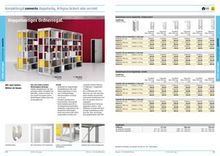Komplettregal converto doppelseitig, lichtgrau lackiert oder verzinkt

frei Haus

Komplettregal converto doppelseitig – lichtgrau lackiert
Ausführung
Feldlast 600 kg

Fachtiefe 600 mm (Nutztiefe 2 x 300 mm)
Feldbreite 871 mm
Fachlast 2 x 60 kg
Preis in €
Feldbreite 1000 mm
Fachlast 2 x 75 kg
Preis in €
Feldbreite 1130 mm
Fachlast 2 x 55 kg
Preis in €

1

2

Grundfeld
Höhe 1900 mm
5 OH

Anbaufeld
Höhe 1900 mm
5 OH

Grundfeld
Höhe 2200 mm
6 OH

Anbaufeld
Höhe 2200 mm
6 OH

Grundfeld
Höhe 2500 mm
7 OH

Anbaufeld
Höhe 2500 mm
7 OH

77900226
427,10
77902455
443,20
77900227
459,20

77900230
310,70
77902353
326,20
77900231
341,70

77900228
483,90
77902459
502,50
77900229
521,10

77900232
356,50
77902356
374,40
77900233
392,40

77900250
565,60
77902463
586,70
77900251
607,70

77900252
414,80
77902360
435,20
77900253
455,60

77900234
454,30
77902456
471,70
77900235
489,00

77900238
335,50
77902352
352,20
77900239
368,80

77900236
515,00
77902460
535,50
77900237
556,00

77900240
384,90
77902357
404,80
77900241
424,60

77900254
607,70
77902464
625,20
77900255
642,50

77900256
454,30
77902452
475,40
77900257
496,40

Grundfeld
Höhe 1900 mm
5 OH

Anbaufeld
Höhe 1900 mm
5 OH

Grundfeld
Höhe 2200 mm
6 OH

Anbaufeld
Höhe 2200 mm
6 OH

Grundfeld
Höhe 2500 mm
7 OH

Anbaufeld
Höhe 2500 mm
7 OH

77900418
370,20
77902333
388,20
77900419
406,00

77900424
267,50
77902318
284,90
77900425
302,10

77900420
415,90
77902337
436,40
77900421
456,90

77900426
304,50
77902326
325,00
77900427
345,30

77900422
461,80
77902341
484,70
77900423
507,60

77900428
342,80
77902330
365,20
77900429
387,60

77900446
390,00
77902334
410,30
77900447
430,70

77900452
284,80
77902322
304,60
77900453
324,30

77900448
438,30
77902338
461,80
77900449
485,30

77900454
324,30
77902327
347,90
77900455
371,40

77900450
486,50
77902342
513,10
77900451
539,70

77900456
365,30
77902331
391,20
77900457
417,20

Fachtiefe 700 mm (Nutztiefe 2 x 350 mm)
Feldbreite 871 mm
Fachlast 2 x 60 kg
Preis in €
Feldbreite 1000 mm
Fachlast 2 x 75 kg
Preis in €
Feldbreite 1130 mm
Fachlast 2 x 60 kg
Preis in €

1

2

Komplettregal converto doppelseitig – verzinkt
1

502,50 €
Grundfeld.

Mit zwei Seiten.
Mitten im Raum.

Von zwei Seiten nutzbar.
Werkzeuglose Montage.
Stabiles Komplettregal. Der doppelseitige Aufbau ermöglicht das
Aufstellen „mitten im Raum“ für
den Zugriff von beiden Seiten.
Werkzeugloser Aufbau durch das
Steckregalprinzip.

2

Ausführung
Feldlast 600 kg

374,40 €
Anbaufeld.

Details
•	 Steckregal als doppelseitiger
Komplettbausatz inkl. Fachböden (Abkantung 25 mm)
und 4 Fachbodenträger,
höhenverstellbar im Raster
von 25 mm.
•	 Komplett geschlossenes,
torsionssteifes Stützenprofil.
•	 Hohe Stabilität durch die in
Druckfügetechnik gefertigten
kompletten Seitenrahmen mit
integrierten Tiefenriegeln.
•	 Bester Korrosionsschutz durch
serienmäßig verzinkte und

•	
•	

•	
•	

zusätzlich lackierte Rahmen.
3 Feldbreiten, 2 Regaltiefen,
3 Höhen.
Die 3 Feldbreiten (871 mm,
1000 mm und 1130 mm) sind
durch einfache Stecktechnik
miteinander kombinierbar und
über die gesamte Breite frei
zugänglich.
Versteifung durch Feld-Kreuzdiagonale in jedem 2. Feld.
Wahlweise verzinkt oder hochwertige Beschichtung in lichtgrau RAL 7035, auf Anfrage
auch graphitschwarz RAL 9011.

Fachtiefe 600 mm (Nutztiefe 2 x 300 mm)
Feldbreite 871 mm
Fachlast 2 x 60 kg
Preis in €
Feldbreite 1000 mm
Fachlast 2 x 75 kg
Preis in €
Feldbreite 1130 mm
Fachlast 2 x 55 kg
Preis in €
Fachtiefe 700 mm (Nutztiefe 2 x 350 mm)
Feldbreite 871 mm
Fachlast 2 x 60 kg
Preis in €
Feldbreite 1000 mm
Fachlast 2 x 75 kg
Preis in €
Feldbreite 1130 mm
Fachlast 2 x 60 kg
Preis in €

Regalbreiten
Feldbreite
Gesamtbreite Grundfeld
Gesamtbreite Anbaufeld

Fachbodenträger.

Die Seitenrahmen sind vorgefertigt.

144

Archiv und Lager

Sockel- und Abdeckboden
durchgehend.

Stabilität durch Feld-Kreuzdiagonale.

Mauser – Der Bestellkatalog

871 mm
871 + 76 = 947 mm
871 + 38 = 909 mm

1000 mm
1000 + 76 = 1076 mm
1000 + 38 = 1038 mm

1130 mm
1130 + 76 = 1206 mm
1130 + 38 = 1168 mm

Zusätzliche Fachböden und Zubehör ab Seite 152. OH = Ordnerhöhen.

Mauser – Der Bestellkatalog

Archiv und Lager

145

Archiv und Lager Komplettregal converto

Doppelseitiges Ordnerregal.

Archiv und Lager Komplettregal converto

10
Jahre
Garantie

 