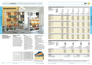 Komplettregal converto mit Pendelstangen/Hängeregistratur, einseitig

frei Haus

Komplettregal converto mit Pendelstangen – einseitig
Ausführung
Pendelstangen verzinkt,
Tragkraft 40 kg/m
Feldlast 600 kg

1

2

Grundfeld
Anbaufeld
Grundfeld
Höhe 1900 mm
Höhe 1900 mm
Höhe 2200 mm
Fachtiefe 350 mm
6 MH
6 MH
7 MH
Pendelstangensystem Leitz/Elba, Rahmen, Sockel- und Abdeckboden lichtgrau
2 77900299
Feldbreite 871 mm
77900298
77900300
Preis in €
304,50
227,70
335,50
Feldbreite 1000 mm
77904497
77904498
77904501
Preis in €
317,50
240,80
321,50
1 77900304
Feldbreite 1130 mm
77900305
77900306
Preis in €
330,40
253,80
364,00

Anbaufeld
Höhe 2200 mm
7 MH

Grundfeld
Höhe 2500 mm
8 MH

Anbaufeld
Höhe 2500 mm
8 MH

77900301
252,50
77904502
266,80
77900307
281,00

77900302
365,30
77904499
381,30
77900308
397,30

77900303
276,20
77904500
292,30
77900309
308,30

Pendelstangensystem Leitz/Elba, Rahmen, Sockel- und Abdeckboden verzinkt
Feldbreite 871 mm
77900310
77900311
Preis in €
269,90
208,00
Feldbreite 1000 mm
77904503
77904504
Preis in €
283,00
220,35
Feldbreite 1130 mm
77900316
77900317
Preis in €
295,80
232,70

3
1

Wahlweise mit
Pendelstangen oder
Hängeregistratur.

330,40 €

2

227,70 €

Für Projekte, Vorgänge,
Schriftsätze.
Zu wenig, um einen ganzen
Ordner zu füllen. Zu wichtig, um
in der Schublade zu landen.
Akten in Form von Vorgängen
und Schriftsätzen. Fein säuberlich
aufgereiht an der Pendelstange.
Oder schnell auffindbar abgelegt
in den Projekttaschen der Hängeregistratur. Beide Ablageformen gibt es als Kompletteinrichtung im converto Aktenregal.

803,50 €

Im Bild optional: gekantete Seitenwand, Trennstege für
Hängeregistratur quer (siehe Zubehör ab Seite 154).

Details
•	 Werkzeuglos steckbares
Komplettregal.
•	 Komplett geschlossenes,
torsionssteifes Stützenprofil.
•	 Hohe Stabilität durch die in
Druckfügetechnik gefertigten
kompletten Seitenrahmen
mit integrierten Tiefenriegeln.
•	 Versteifung durch Feld-Kreuzdiagonale in jedem 2. Feld.
•	 Rahmen wahlweise verzinkt
oder hochwertig beschichtet
lichtgrau RAL 7035, auf Anfrage
graphitschwarz RAL 9011.
•	 3 Fachbreiten: 871, 1000 und
1130 mm.

•	 Pendelhefterablage für bis zu
8 Mappenhöhen (MH) übereinander.
•	 Pendelstangen verzinkt.
•	 Hängeregistraturauszüge:
– in lichtgrau RAL 7035.
– mit Teleskopauszug für bis zu
4 Auszüge übereinander,
darüber werden Ordnerablagen
kombiniert.
– Tiefe 330 mm, Höhe des
obersten Auszuges 1200 mm.
– Querablage mit Hilfe von Trennstegen möglich (siehe Seite 154).
•	 Alle Einrichtungen sind auf Anfrage
kombinierbar und im Raster von
25 mm höhenverstellbar.

77900312
295,80
77903703
310,00
77900318
324,30

77900313
229,10
77903704
243,50
77900319
258,10

77900314
320,80
77904505
336,90
77900320
352,90

77900315
251,30
77904506
266,80
77900321
282,20

Pendelstangensystem Zippel, Rahmen, Sockel- und Abdeckboden lichtgrau
Feldbreite 871 mm
77900346
77900347
Preis in €
329,40
252,50
Feldbreite 1000 mm
77904507
77904508
Preis in €
341,20
263,70
Feldbreite 1130 mm
77900352
77900353
Preis in €
352,90
274,90

77900348
362,70
77904509
375,70
77900354
388,70

77900349
279,80
77904510
292,20
77900355
304,50

77900350
396,10
77904511
410,00
77900356
424,60

77900351
306,90
77904512
320,50
77900357
334,20

Pendelstangensystem Zippel, Rahmen, Sockel- und Abdeckboden verzinkt
Feldbreite 871 mm
77900358
77900359
Preis in €
294,50
231,50
Feldbreite 1000 mm
77904513
77904514
Preis in €
306,40
243,30
Feldbreite 1130 mm
77900364
77900365
Preis in €
318,20
255,00

77900360
323,10
77903546
336,10
77900366
349,10

77900361
256,30
77904260
269,30
77900367
282,20

77900362
351,50
77904515
365,80
77900368
380,00

77900363
281,00
77904516
295,30
77900369
309,50

Komplettregal converto mit Fachboden und Hängeregistraturauszug – einseitig, komplett lichtgrau RAL 7035
Ausführung
Hängeregistratur lateral
Tragkraft Fachboden 60 kg
Tragkraft Auszug 50 kg
Feldlast 600 kg

Fachtiefe 350 mm
Feldbreite 871 mm
Preis in €
Feldbreite 1130 mm
Preis in €
Regalbreiten
Feldbreite
Gesamtbreite Grundfeld
Gesamtbreite Anbaufeld

Die Aufbaurahmen sind vorgefertigt.

146

Archiv und Lager

Stabilität durch Feld-Kreuzdiagonale.

Pendelstangensystem Zippel, Leitz/
Elba, andere Systeme auf Anfrage.

Mauser – Der Bestellkatalog

3

Grundfeld
Höhe 1900 mm
4 Hängeregistraturauszüge
4 Fachböden

Anbaufeld
Höhe 1900 mm
4 Hängeregistraturauszüge
4 Fachböden

Grundfeld
Höhe 2200 mm
4 Hängeregistraturauszüge
5 Fachböden

Anbaufeld
Höhe 2200 mm
4 Hängeregistraturauszüge
5 Fachböden

77900202
770,00
77900203
803,50

77900206
688,40
77900207
721,70

77900204
802,10
77900205
838,10

77900208
714,20
77900209
750,20

3

871 mm
871 + 76 = 947 mm
871 + 38 = 909 mm

1000 mm
1000 + 76 = 1076 mm
1000 + 38 = 1038 mm

1130 mm
1130 + 76 = 1206 mm
1130 + 38 = 1168 mm

Einzelteile und Zubehör ab Seite 152. MH = Mappenhöhen.
Hinweis: Kippsicherung, wenn die Höhe der obersten Ablageebene (Pendelstange) größer ist als die Regaltiefe multipliziert mit 5. Bei Hängeregistraturauszügen
ist grundsätzlich eine Kippsicherung als Wand- oder Bodenbefestigung erforderlich (siehe Seite 151). Die Kippsicherung ist im Lieferumfang enthalten.

Mauser – Der Bestellkatalog

Archiv und Lager

147

Archiv und Lager Komplettregal converto

Komplettarchiv.

Archiv und Lager Komplettregal converto

10
Jahre
Garantie

 
