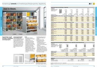 Komplettregal converto mit Pendelstangen/Hängeregistratur, doppelseitig

frei Haus

Komplettregal converto mit Pendelstangen – doppelseitig
Ausführung
Pendelstangen verzinkt,
Tragkraft 2 x 40 kg/m
Feldlast 600 kg

2

1

Grundfeld
Anbaufeld
Grundfeld
Fachtiefe 700 mm
Höhe 1900 mm
Höhe 1900 mm
Höhe 2200 mm
(Nutztiefe 2 x 350 mm)
6 MH
6 MH
7 MH
Pendelstangensystem Leitz/Elba, Rahmen, Sockel- und Abdeckboden lichtgrau
2 77900323
Feldbreite 871 mm
77900322
77900324
Preis in €
492,60
373,90
550,90
Feldbreite 1000 mm
77904517
77904518
77904519
Preis in €
514,90
395,50
576,20
1 77900328
Feldbreite 1130 mm
77900329
77900330
Preis in €
537,20
417,20
601,50

Anbaufeld
Höhe 2200 mm
7 MH

Grundfeld
Höhe 2500 mm
8 MH

Anbaufeld
Höhe 2500 mm
8 MH

77900325
420,80
77904520
445,60
77900331
470,40

77900326
641,20
77904521
669,70
77900332
698,10

77900327
483,90
77904522
511,80
77900333
539,70

Pendelstangensystem Leitz/Elba, Rahmen, Sockel- und Abdeckboden verzinkt
Feldbreite 871 mm
77900334
77900335
Preis in €
476,60
373,50
Feldbreite 1000 mm
77904523
77904524
Preis in €
503,20
398,50
Feldbreite 1130 mm
77900340
77900341
Preis in €
529,70
423,50

3
1

Doppelseitiger Zugriff
auf Ordner, Pendelhefter
und Hängeregister.

537,20 €

2

373,90 €

Ideal für Regallandschaften
mit beidseitigem Zugriff.
Nicht nur als Wandregal, auch als
Teil einer doppelseitig nutzbaren
Regallandschaft lässt sich das
stabile und als Komplettbausatz
konstruierte Steckregal converto
einsetzten. Ideal für die kombinierte Ablage von Ordnern und
Hängeregistratur oder die komplette Einrichtung für Pendelhefter.

1460,90 €

Details
•	 Werkzeuglos steckbares
Komplettregal für den doppelseitigen Einsatz.
•	 Komplett geschlossenes,
torsionssteifes Stützenprofil.
•	 Hohe Stabilität durch die in
Druckfügetechnik gefertigten
kompletten Seitenrahmen mit
integrierten Tiefenriegeln.
•	 Versteifung durch Feld-Kreuzdiagonale in jedem 2. Feld.
•	 Rahmen wahlweise verzinkt oder
lichtgrau RAL 7035, auf Anfrage
graphitschwarz RAL 9011.
•	 3 Fachbreiten: 871, 1000 und
1130 mm.

•	 Pendelhefterablage für bis zu
8 Mappenhöhen (MH) übereinander.
•	 Pendelstangen verzinkt.
•	 Hängeregistraturauszüge:
– in lichtgrau RAL 7035.
– mit Teleskopauszug für bis zu
4 Auszüge übereinander,
darüber werden Ordnerablagen
kombiniert.
– Tiefe 330 mm, Höhe des
obersten Auszuges: 1200 mm
– Querablage mit Hilfe von Trennstegen möglich (siehe Seite 154).
•	 Alle Einrichtungen sind auf Anfrage
kombinierbar und im Raster von
25 mm höhenverstellbar.

77900337
414,80
77903708
444,50
77900343
474,20

77900338
580,70
77904525
613,50
77900344
646,30

77900339
459,30
77904526
491,50
77900345
523,60

Pendelstangensystem Zippel, Rahmen, Sockel- und Abdeckboden lichtgrau
Feldbreite 871 mm
77900370
77900371
Preis in €
559,50
440,70
Feldbreite 1000 mm
77904527
77904528
Preis in €
581,40
461,80
Feldbreite 1130 mm
77900376
77900377
Preis in €
602,80
482,80

Im Bild optional: gekantete Seitenwand, Trennstege
für Hängeregistratur quer (siehe Zubehör ab Seite 154).

77900336
528,60
77903707
558,40
77900342
588,10
77900372
623,90
77904529
648,10
77900378
672,20

77900373
493,90
77904530
517,50
77900379
541,00

77900374
720,50
77904531
747,20
77900380
773,90

77900375
563,30
77904532
589,30
77900381
615,20

Pendelstangensystem Zippel, Rahmen, Sockel- und Abdeckboden verzinkt
Feldbreite 871 mm
77900382
77900383
Preis in €
520,10
414,80
Feldbreite 1000 mm
77904533
77904534
Preis in €
544,20
438,30
Feldbreite 1130 mm
77900388
77900389
Preis in €
568,30
461,80

77900384
578,00
77903656
604,70
77900390
631,30

77900385
464,30
77903657
490,25
77900391
516,20

77900386
631,30
77904535
660,40
77900392
689,50

77900387
512,40
77904536
540,90
77900393
569,40

Komplettregal converto mit Fachboden und Hängeregistraturauszug – doppelseitig, komplett lichtgrau RAL 7035
Ausführung
Hängeregistratur lateral
Tragkraft Fachboden 2 x 60 kg
Tragkraft Auszug 2 x 50 kg
Feldlast 600 kg

Nutztiefe 2 x 350 mm
Fachtiefe 700 mm
Feldbreite 871 mm
Preis in €
Feldbreite 1130 mm
Preis in €

3

Grundfeld
Höhe 1900 mm
2 x 4 Hängeregistraturauszüge
4 Fachböden (T 350 mm)*
2 Fachböden (T 700 mm)*

Anbaufeld
Höhe 1900 mm
2 x 4 Hängeregistraturauszüge
4 Fachböden (T 350 mm)*
2 Fachböden (T 700 mm)*

Grundfeld
Höhe 2200 mm
2 x 4 Hängeregistraturauszüge
6 Fachböden (T 350 mm)*
2 Fachböden (T 700 mm)*

Anbaufeld
Höhe 2200 mm
2 x 4 Hängeregistraturauszüge
6 Fachböden (T 350 mm)*
2 Fachböden (T 700 mm)*

77900524
1442,30
77900525
1460,90

77900528
1320,80
77900529
1381,50

77900526
1502,80
77900527
1570,80

77900530
1370,40
77900531
1437,10

3

* Sockel- und Abdeckboden sind durchgehende Böden, Tiefe 700 mm. Alle anderen Fachböden sind nicht durchgehend, Tiefe 350 mm.
Regalbreiten
Feldbreite
Gesamtbreite Grundfeld
Gesamtbreite Anbaufeld
Die Aufbaurahmen sind vorgefertigt.

148

Archiv und Lager

Fachböden für Ordner, Kartons etc.

Hängeregistraturauszug (Querablage
durch Trennstege möglich, s. Seite 154).

Mauser – Der Bestellkatalog

871 mm
871 + 76 = 947 mm
871 + 38 = 909 mm

1000 mm
1000 + 76 = 1076 mm
1000 + 38 = 1038 mm

1130 mm
1130 + 76 = 1206 mm
1130 + 38 = 1168 mm

Einzelteile und Zubehör ab Seite 152. MH = Mappenhöhen.
Hinweis: Bei Hängeregistraturauszügen ist grundsätzlich eine Kippsicherung als Wand- oder Bodenbefestigung erforderlich (siehe Seite 151).

Mauser – Der Bestellkatalog

Archiv und Lager

149

Archiv und Lager Komplettregal converto

Zwei in Einem.

Archiv und Lager Komplettregal converto

10
Jahre
Garantie

 