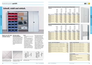 Baukastensystem quickfit

frei Haus

10
Jahre
Garantie

Seitenrahmen für Steckregal-Baukastensystem – offen oder geschlossen mit Vollwand, lichtgrau

Schnell, stabil und einfach.

Ausführung

Archiv und Lager Baukastensystem quickfit

Typ
Rahmentiefe 325 mm
Preis in €
Rahmentiefe 425 mm
Preis in €
Rahmentiefe 525 mm
Preis in €
Rahmentiefe 625 mm
Preis in €
Rahmentiefe 825 mm
Preis in €

offen
H 1998 mm
TR/TV
39002274
48,10
39002275
50,70
39002266
54,00
39002267
55,80
39002660
61,00

offen
H 2498 mm
TR/TV
39002290
62,90
39002261
66,00
39002291
68,80
39002269
75,70
39002661
80,20

offen
H 2998 mm
TR/TV
39002724
81,00
39002652
82,70
39002718
84,70
39002719
86,60
39002725
90,40

geschlossen
H 1998 mm
TR/VW
39004690
67,40
39002260
73,80
39004691
81,50
39004240
87,40
39004692
100,80

geschlossen
H 2498 mm
TR/VW
39004693
80,20
39004694
89,90
39004695
95,80
39003973
112,40
39004696
131,60

geschlossen
H 2998 mm
TR/VW
39004697
106,50
39004698
125,10
39004699
138,10
39004206
155,30
39004700
172,70

Archiv und Lager Baukastensystem quickfit

1

1

Seitenrahmen für Steckregal-Baukastensystem – offen oder geschlossen mit Vollwand, verzinkt
Ausführung
2

Regale zum nicht mehr
schrauben müssen.

Kein Traum, sondern
Details
komfortable Wirklichkeit.
•	 Stabile Komplett-Seitenrahmen
Stecken statt Schrauben ist angeaus Stahl.
sagt. Kein Werkzeug wird benötigt, •	 Gefertigt in Druckfügetechnik,
nicht mal ein Schraubendreher.
d. h. die T-Profile werden zuTragende „Kraft“ sind die komplett
sammen mit den Tiefenriegeln
gefertigten Seitenrahmen mit
oder Vollwänden zu stabilen
ihren bereits integrierten TiefenKomplettrahmen verbunden.
riegeln (offene Bauweise) oder
Somit ist ein fester Halt der
Vollwänden (geschlossene BauSteckregale in Tiefenrichtung
weise).
immer gewährleistet.
•	 Seitenrahmen wahlweise
verzinkt oder hochwertig beschichtet in lichtgrau RAL 7035
(weitere Farben auf Anfrage).

Feld-Kreuzdiagonale. Zur sicheren
Verstrebung für Steckregale, die überwiegend einseitig genutzt werden.

Breitenriegel. Bei Regalen mit Zugriff
von beiden Seiten würde eine FeldKreuzdiagonale nur stören.

162

Archiv und Lager

•	 Bester Korrosionsschutz durch
serienmäßig verzinkte und
zusätzlich lackierte Rahmen.
•	 Versteifung des Regals wahlweise mit Feld-Kreuzdiagonale
oder mit Breitenriegeln.
•	 Alle anderen Komponenten,
wie z. B. Fachböden, Rückwände und Zubehör werden
einfach „zwischen“ die Seitenrahmen gesteckt bzw. mit
Klammern verbunden. Das spart
Zeit und ermöglicht den Aufbau
selbst in Anzug und Krawatte.
•	 Fachböden höhenverstellbar
im Raster von 25 mm.

Typ
Rahmentiefe 325 mm
Preis in €
Rahmentiefe 425 mm
Preis in €
Rahmentiefe 525 mm
Preis in €
Rahmentiefe 625 mm
Preis in €
Rahmentiefe 825 mm
Preis in €

offen
H 1998 mm
TR/TVZ
39002295
38,50
39002296
39,70
39002297
41,10
39002298
42,30
39002299
46,20

offen
H 2998 mm
TR/TVZ
39002308
55,80
39002309
57,10
39002310
59,60
39002311
61,60
39002312
69,30

Einzelteile – System Feld-Kreuzdiagonale
Feld-Kreuzdiagonale inkl. Spannschloss, für Feldbreite 740 mm
Preis in €
Feld-Kreuzdiagonale inkl. Spannschloss, für Feldbreite 1000 mm
Preis in €
Feld-Kreuzdiagonale inkl. Spannschloss, für Feldbreite 1290 mm
Preis in €
Diagonalstab inkl. Spannschloss, für Feldbreite 740 mm
Preis in €
Diagonalstab inkl. Spannschloss, für Feldbreite 1000 mm
Preis in €
Diagonalstab inkl. Spannschloss, für Feldbreite 1290 mm
Preis in €

geschlossen
H 1998 mm
TR/VWZ
39002276
57,80
39002277
59,60
39002278
63,50
39002279
76,40
39002262
85,40

geschlossen
H 2498 mm
TR/VWZ
39002280
70,60
39002281
73,80
39002282
78,20
39002283
89,10
39002284
95,80

geschlossen
H 2998 mm
TR/VWZ
39002285
95,00
39002286
99,50
39002287
105,80
39002288
112,40
39002289
121,90

2

Mauser – Der Bestellkatalog

77900191
8,70
77900620
10,00
77900621
12,40
77900192
4,40
77900622
4,90
77900623
6,30

Einzelteile – System Breitenriegel
Breitenriegel, lichtgrau, als Paar, für Feldbreite 740 mm
Preis in €
Breitenriegel, lichtgrau, als Paar, für Feldbreite 1000 mm
Preis in €
Breitenriegel, lichtgrau, als Paar, für Feldbreite 1290 mm
Preis in €
Breitenriegel, verzinkt, als Paar, für Feldbreite 740 mm
Preis in €
Breitenriegel, verzinkt, als Paar, für Feldbreite 1000 mm
Preis in €
Breitenriegel, verzinkt, als Paar, für Feldbreite 1290 mm
Preis in €

77902995
27,40
77902994
29,60
77902993
32,40
77902992
21,20
77902991
23,60
77902990
26,00

Sonstige Einzelteile
Kippsicherung (Wandbefestigung)
Preis in €
Kunststoff-Abdeckkappe
Preis in €
Seitliche Fachbegrenzung für Regaltiefe 600 mm
Preis in €
Klemmfuß, verzinkt, einfach
Preis in €

Versteifung des Regals wahlweise mit Feld-Kreuzdiagonale (links) oder mit
Breitenriegeln (rechts).

Mauser – Der Bestellkatalog

offen
H 2498 mm
TR/TVZ
39002302
48,80
39002303
50,10
39002304
51,80
39002305
54,50
39002306
62,90

39001450
7,20
31000057
0,20
39001996
4,80
77902103
0,40

Archiv und Lager

163

 