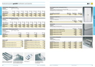 Baukastensystem quickfit Fachböden und Zubehör

frei Haus

Vorsatz-Flügeltüren für Grund- und Anbaufelder RFT (Paar)

Ausführung
Abkantung 40 mm

Ausführung
Stahlblech, lichtgrau RAL 7035 lackiert (weitere Farben auf Anfrage).
Dreiriegelverschluss mit Drehzylinderschloss inkl. 2 Schlüssel, wahlweise gleich- oder einzelschließend.
Verwindungsfeste Türen mit Kastenversteifung.

Breite x Tiefe mm
Tragkraft ohne UVR kg
Tragkraft mit UVR kg
Modell (lichtgrau)
Preis in €
Modell (verzinkt)
Preis in €

740 x 300
165
285
77902910
16,50
77902906
13,40

740 x 400
160
280
77902911
20,20
77902907
15,30

740 x 500
155
250
77902912
22,60
77902908
17,10

740 x 600
150
210
77902913
24,90
77902909
19,40

1000 x 300
135
260
77902914
17,60
77900819
15,30

1000 x 400
140
260
77902915
20,70
77900820
17,10

1000 x 500
135
260
77902916
23,70
77900821
19,40

1000 x 600
135
260
77902917
26,40
77900068
22,10

Qualitätsfachböden – FB-Belastungsgruppe 220 kg RM
Ausführung
Abkantung 40 mm
Breite x Tiefe mm
Tragkraft ohne UVR kg
Tragkraft mit UVR kg
Modell (lichtgrau)
Preis in €
Modell (verzinkt)
Preis in €

1000 x 300
200
360
77902927
19,40
77902918
17,60

1000 x 400
200
330
77902928
23,20
77902919
20,70

1000 x 500
205
315
77902929
26,90
77902920
23,20

1000 x 600
220
285
77902930
29,80
77902921
26,40

1000 x 800
235
260
77902931
36,60
77902922
30,50

1290 x 400
180
375
77902932
31,20
77902923
26,40

1290 x 500
180
350
77902933
35,30
77902924
28,60

1290 x 600
180
315
77902934
42,10
77902925
32,20

1290 x 800
150
265
77902935
46,20
77902926
39,00

Qualitätsfachböden – FB-Belastungsgruppe 300 kg RX
Ausführung
Abkantung 40 mm
mit Fachbodenversteifung
Breite x Tiefe mm
Tragkraft kg
Modell (lichtgrau)
Preis in €
Modell (verzinkt)
Preis in €

1000 x 400
330
77902940
29,80
77902936
27,40

Zubehör – verzinkt
Fachbodenträger
31001821
Preis in €
0,40
Fachbodenversteifung (UVR) für Feldbreite 740 mm
77902807
Preis in €
4,90
Fachbodenversteifung (UVR) für Feldbreite 1000 mm
77902313
Preis in €
6,30
Fachbodenversteifung (UVR) für Feldbreite 1290 mm
77902810
Preis in €
7,50
Stecktrennwände (verzinkt) für Fachtiefe 300 – 600 mm siehe Seite 165.

Fachboden mit Fachbodenversteifung
(UVR) bei Belastungsgruppe 300 kg.

Konstruktiv aufwendige Fachbodenecke mit durchgehender Überlappung
durch den zusätzlichen Eckensteg.

164

Archiv und Lager

1000 x 500
315
77902941
33,50
77902937
29,80

1000 x 600
285
77902942
36,60
77902938
33,00

1000 x 800
260
77902943
43,30
77902939
37,20

Anschlagleisten – verzinkt
Mittelanschlag (wird aufgesteckt), für Feldbreite 740 mm
Preis in €
Mittelanschlag (wird aufgesteckt), für Feldbreite 1000 mm
Preis in €
Mittelanschlag (wird aufgesteckt), für Feldbreite 1290 mm
Preis in €
Hinterer Anschlag (wird aufgeschoben), für Feldbreite 740 mm
Preis in €
Hinterer Anschlag (wird aufgeschoben), für Feldbreite 1000 mm
Preis in €

Fachbodenträger TF.

Tiefe: Regaltiefe + 25,5 mm (Schloss)
Modell (für Feldbreite 1000 mm)
Preis in €

1

Höhe 1000 mm
RFT512-10/10
254,00

Höhe 2000 mm
RFT512-20/10
336,70

Ausführung
Stahlblech, lichtgrau RAL 7035 oder graphitschwarz RAL 9011 lackiert (weitere Farben auf Anfrage).
Pro Regal/Zeile 2 Außenblenden.
Höhe 2000 mm
Modell
RFTAB 20
Preis in €
56,90

Höhe 2500 mm
RFTAB 25
63,90

Außenblende für Flügeltür (Paar)

Höhe 500 mm
RFT512-05/10
231,70

1

2

Archiv und Lager Baukastensystem quickfit

Archiv und Lager Baukastensystem quickfit

Qualitätsfachböden – FB-Belastungsgruppe 135 kg RL

10
Jahre
Garantie

2

Rückwände RWS
Ausführung
Stahlblech, lichtgrau RAL 7035 oder verzinkt.
Mehrteilige Montage. Die Sicke gibt bei der Überlappung Orientierung und unterstützt zusätzlich den stabilen „Rückhalt“.
Höhe 500 mm
77900195
27,10
77900618
29,50
77900193
20,40
77900619
22,80

Modell (für Feldbreite 740 mm, lichtgrau RAL 7035)
Preis in €
Modell (für Feldbreite 1000 mm, lichtgrau RAL 7035)
Preis in €
Modell (für Feldbreite 740 mm, verzinkt)
Preis in €
Modell (für Feldbreite 1000 mm, verzinkt)
Preis in €

Höhe 1000 mm
77900196
44,20
77900616
47,00
77900194
37,90
77900617
40,70

500
77900810
6,30
77900809
8,40
77900808
10,00
77900807
11,90

600
77900806
7,10
77900805
9,80
77900804
11,20
77900803
14,10

Stecktrennwände mit Führungsstiften
Ausführung
Stahlblech, verzinkt.
Zur individuellen Gefachunterteilung.

77900044
2,40
77900043
3,90
77900045
4,30
39001368
5,00
39001367
6,10

für Fachtiefe mm
Modell (für Fachhöhe 210 mm)
Preis in €
Modell (für Fachhöhe 310 mm)
Preis in €
Modell (für Fachhöhe 410 mm)
Preis in €
Modell (für Fachhöhe 460 mm)
Preis in €

300
77900818
5,30
77900817
6,60
77900816
7,80
77900815
8,70

400
77900814
5,80
77900813
7,50
77900812
8,40
77900811
10,00

Die V-Profilierung schützt vor
Verletzungen beim Einsatz der
Stecktrennwände.

Mauser – Der Bestellkatalog

Mauser – Der Bestellkatalog

Archiv und Lager

165

 