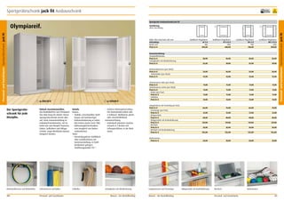 Sportgeräteschrank jack fit Ausbauschrank

frei Verwendung

Sportgeräte-Ausbauschrank jack fit
Ausführung
ohne Einrichtung

Höhe 1965 mm/Tiefe 500 mm
Schranktyp
Breite mm
Preis in €
Inneneinrichtung:
Standardfachboden
Preis in €
Schrägboden mit Abrollsicherung
Preis in €
Rückwandtraverse (pro Stück)
Preis in €
– Reifenhalter (pro Stück)
Preis in €

Der Sportgeräteschrank für jede
Disziplin.

ab 480,00 €

Einfach zusammenstellen.
Von Basketball bis zum Theraband.
Von Hula hoop bis Hantel. Dieser
Sportgeräteschrank nimmt alles
auf. Seine Inneneinrichtung ist
individuell kombinierbar, mit Zubehör wie zum Beispiel Traversen,
Haken, Seilhaltern und Ablageschalen. Sogar Wertfächer können
integriert werden.

Rückwandtraverse und Reifenhalter.

Seitentraverse und Haken.

180

Personal- und Sozialräume

2

ab 509,00 €

Details
Korpus
•	 Stabiler, verschweißter Stahlkorpus mit hochwertiger
Einbrennlackierung in vielen
RAL-Farben (siehe Seite 198).
•	 Höhenausgleichschrauben
zum Ausgleich von Bodenunebenheiten.
Türen
•	 Verwindungsfeste Stahlblechoder Lochblechtüren mit
Kastenversteifung, in StahlDrehbolzen gelagert,
Türöffnungswinkel 135 °.

•	 Sicherer Dreiriegelverschluss
mit Drehzylinderschloss inkl.
2 Schlüssel. Wahlweise gleichoder einzelschließend.
Inneneinrichtung
•	 Individuell planbarer Ausbauschrank in 2 Breiten mit
Lüftungsschlitzen in der Rückwand.

Seilhalter.

Schrägboden mit Abrollsicherung.

Seitentraverse links (pro Stück)
Preis in €
Seitentraverse rechts (pro Stück)
Preis in €
– Haken (pro Paar)
– Preis in €
– Seilhalter
– Preis in €
Längstraverse mit Trennsteg (je Paar)
Preis in €
– Trennstege (pro Paar)
– Preis in €
– Ablageschale
– Preis in €
– Ablageschale mit Keulenhalterung
– Preis in €
– Wertfach
– Preis in €
– Wertfach mit Keulenhalterung
– Preis in €
Bodenwanne
– Preis in €

Mauser – Der Bestellkatalog

Längstraversen und Trennstege.

Mauser – Der Bestellkatalog

1

2

Stahlblech-Flügeltüren
SF 5 0
950
395,00

Stahlblech-Flügeltüren
SF 5-12 0
1200
480,00

Lochblech-Flügeltüren
SFL 5 0
950
418,00

Lochblech-Flügeltüren
SFL 5-12 0
1200
509,00

28,00

36,00

28,00

36,00

32,00

39,00

32,00

39,00

23,00

26,00

23,00

26,00

12,00

12,00

12,00

12,00

11,00

11,00

11,00

11,00

11,00

11,00

11,00

11,00

11,00

11,00

11,00

11,00

13,00

13,00

13,00

13,00

66,00

74,00

66,00

74,00

21,00

21,00

21,00

21,00

40,00

40,00

40,00

40,00

127,00

127,00

127,00

127,00

35,00

35,00

35,00

35,00

122,00

122,00

122,00

122,00

24,00

33,00

24,00

33,00

Ablageschale mit Keulenhalterung.

Wertfach.

Personal- und Sozialräume

Bodenwanne.

181

Personal- und Sozialräume Sportgeräteschrank jack fit

Personal- und Sozialräume Sportgeräteschrank jack fit

Olympiareif.

1

10
Jahre
Garantie

 