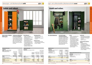 Motorsägen- und Munitionsschrank solid

frei Verwendung

10
Jahre
Garantie

1

687,00 €

Damit nichts in falsche
Hände gerät.

Verschlossene Aufbewahrung
im Sinne des Gesetzgebers.
Für die sichere Aufbewahrung
von zum Beispiel Patronen, Pyrotechnik, Motorsägen, Druckluftnagler und Bolzenschussgeräten
gibt es die Spezialschränke von
Mauser. Ihre besonders solide
Bauweise schützt vor unerlaubtem Zugriff.

Motorsägenschrank solid

1

433,00 €

Details Allgemein
•	 Stabiler, verschweißter
Stahlkorpus mit hochwertiger
Einbrennlackierung.
•	 Verwindungsfeste Stahlblechtüren mit Kastenversteifung,
Türöffnungswinkel 135°.
•	 Sicherer Dreiriegelverschluss
mit Drehzylinderschloss inkl.
2 Schlüssel. Wahlweise gleichoder einzelschließend.
•	 Verzinkte Fachböden, höhenverstellbar im Raster 35 mm.

1

Motorsägenschrank
•	 Wannenboden verzinkt, mit
Aushebesicherung.
•	 Serienmäßig Höhenausgleichschrauben.

Breite 950 mm/Tiefe 420 mm
Modell
Höhe mm
Belastung je Fachboden kg
Wannenboden Auffangvermögen l
Preis in €
Zusätzlicher Wannenboden
Preis in €
Zubehör Garderobenhalter auf Anfrage.

194

Für echte Abenteurer.

Munitionsschrank
•	 Beachten Sie bitte die Allgemeine Waffengesetz-Verordnung
(§ 13 Abs. 3 AWaffV).

3 gelochte
Fachböden
1 Wannenboden
MOS 3/19 STG
1965
50
20
687,00
39002467
42,00

Land- und Forstwirschaft

2

Ausführung
Korpus/Front: chromoxydgrün RAL 6020

Ausführung
Korpus/Front: resedagrün RAL 6011
1 Garderobenfach links
3 Fachböden kurz rechts
Lüftungsschlitze
Höhenausgleichschrauben

Der Schrank für Jagdausrüstung und Munition.
Der Schrank für Jagdausrüstung
und Munition. Outdoor-Kleidung
braucht Platz und Klima. Restfeuchte muss abziehen können.
Wertvolle Gegenstände, wie
Waffen und Munition gehören
sicher unter Verschluss. Die
idealen Anforderungen für den
Spezialschrank scout.

3 Fachböden
2 Fachböden
4 Fachböden
Modell
MS 4/08 *
MS 3/10
MS/L3/19
Höhe x Breite mm
820 x 680
1016 x 950
1950 x 950
Tiefe mm
280
420
420
Belastung je Fachboden kg
50
80
65
Preis in €
358,00
433,00
460,00
Zusätzlicher Fachboden**
77902300
77902301
77902301
Preis in €
12,00
23,00
23,00
* Lieferung inkl. Befestigungsmaterial zur Wandmontage. **inkl. Fachbodenträger

Mauser – Der Bestellkatalog

Modell
Höhe x Breite x Tiefe mm
Preis in €

Jagdschrank
•	 Mit Schließfach oder Hutboden.
•	 Rückwand mit Lüftungsschlitzen.
•	 Serienmäßig Höhenausgleichschrauben.
•	 Zubehör Schuhrost.
Luftdruckwaffen-/Munitionsschrank
•	 Für Luftdruckwaffen/
CO2-Waffen bis 7,5 Joule.
•	 1 lose beiliegender selbstklebender Schaumstoffhalter für bis zu
6 Luftdruckwaffen.
•	 Beachten Sie bitte die Allgemeine Waffengesetz-Verordnung
(§ 13 Abs. 3 AWaffV).

1

Luftdruckwaffen-/Munitionsschrank scout
Schließfach
Hutboden
Kleiderstange quer Kleiderstange quer
JS 5T
JS 5
1965 x 950 x 500
1965 x 950 x 500
893,00
684,00

Zubehör
Schuhrost verzinkt*
JS 5 AM
JS 5 AM
Preis in €
62,00
62,00
Weitere Farben auf Anfrage. * Schuhrost: Breite 520 mm/Tiefe 452 mm

Mauser – Der Bestellkatalog

580,00 €

Details
•	 Stabiler, verschweißter Stahlkorpus mit hochwertiger
Einbrennlackierung.
•	 Verwindungsfeste Stahlblechtüren mit Kastenversteifung,
in Stahl-Drehbolzen gelagert,
Türöffnungswinkel 135°.
•	 Sicherer Dreiriegelverschluss
mit Drehzylinderschloss inkl.
2 Schlüssel. Wahlweise gleichoder einzelschließend.
•	 Fachböden graphitschwarz
RAL 9011 lackiert.

Jagdschrank scout

2

1 gelochter
Fachboden
1 Wannenboden
MOS 3/10 STG
1016
50
20
366,00
39002467
42,00

893,00 €

ohne Schuhrost.

Munitionsschrank solid

Ausführung
Korpus: chromoxydgrün RAL 6020
Front: verkehrsorange RAL 2009
Höhenausgleichschrauben

10
Jahre
Garantie

Stabil und sicher.

2

ohne Garderobenhalter.

frei Verwendung

Land- und Forstwirtschaft Jagd-/Luftdruckwaffenschrank scout

Land- und Forstwirtschaft Motorsägen-/Munitionsschrank solid

Solide und robust.

Jagd- und Luftdruckwaffen-/Munitionsschrank scout

Ausführung
Korpus/Front: chromoxydgrün RAL 6020
1 Hutboden
1 offenes Fach links
3 Fachböden kurz rechts

Modell
Höhe x Breite x Tiefe mm
Preis in €

Land- und Forstwirschaft

2

1 Schaumstoffhalter
LMF4
1950 x 950 x 420
580,00

195

 