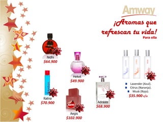 ¡Aromas que
                         refrescan tu vida!
                                             Para ella




   Nidhi
 $64.900


              Heket
             $49.900
                                   Lavender (Azul).
                                   Citrus (Naranja).
                                     Musk (Rojo).
                                  $35.900 c/u
 Ratna
$70.900                Adraste
                       $68.900
             Aegis
           $102.900
 