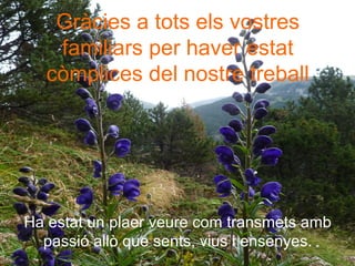 Ha estat un plaer veure com transmets amb
passió allò que sents, vius i ensenyes.
Gràcies a tots els vostres
familiars per haver estat
còmplices del nostre treball
 