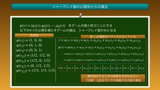  
 
 
 
 
 
 
 
 
 
 
ψ(v1) = (1, 0, 0)
ψ(v2) = (0, 1, 0)
ψ(v3) = (0, 0, 1)
ψ(v12) = (1/2, 1/2, 0)
ψ(v13) = (1/2, 0, 1/2)
ψ(v23) = (0, 1/2, 1/2)
ψ(v123) = (1/3, 1/3, 1/3)
v = α1v1 + α2v2 + α3v3 + α12v12 + α13v13 + α23v23 + α123v123
ψ(v) = ψ(α1v1 + α2v2 + α3v3 + α12v12 + α13v13 + α23v23 + α123v123)
= ψ(α1v1) + ψ(α2v2) + ψ(α3v3) + ψ(α12v12) + ψ(α13v13) + ψ(α23v23) + ψ(α123v123)
= α1ψ(v1) + α2ψ(v2) + α3ψ(v3) + α12ψ(v12) + α13ψ(v13) + α23ψ(v23) + α123ψ(v123)
= (α1 +
1
2
α12 +
1
2
α13 +
1
3
α123, α2 +
1
2
α12 +
1
2
α23 +
1
3
α123, α3 +
1
2
α13 +
1
2
α23 +
1
3
α123)
vxx
ψ(v) = (ψ1(v), ψ2(v), ⋯, ψn(v))
 