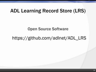 ADL Learning Record Store (LRS)
Open Source Software
14
https://github.com/adlnet/ADL_LRS
 