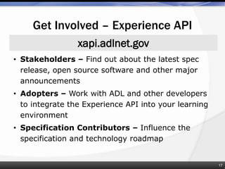 Get Involved – Experience API
17
• Stakeholders – Find out about the latest spec
release, open source software and other major
announcements
• Adopters – Work with ADL and other developers
to integrate the Experience API into your learning
environment
• Specification Contributors – Influence the
specification and technology roadmap
xapi.adlnet.gov
 