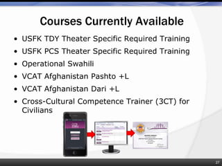• USFK TDY Theater Specific Required Training
• USFK PCS Theater Specific Required Training
• Operational Swahili
• VCAT Afghanistan Pashto +L
• VCAT Afghanistan Dari +L
• Cross-Cultural Competence Trainer (3CT) for
Civilians
Courses Currently Available
27
 