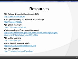 Resources
31
ADL Training & Learning Architecture (TLA)
http://www.adlnet.gov/tla
TLA Experience API (Tin Can API) & Public Groups
http://xapi.adlnet.gov
ADL GitHub Main Link
https://github.com/adlnet
Whitehouse Digital Government Document
http://www.whitehouse.gov/sites/default/files/omb/egov/digital-
government/digital-government.html#top
ADL Mobile Learning
http://ml.adlnet.gov
Virtual World Framework (VWF)
http://www.virtualworldframework.com
ADL VWF Sandbox
http://vwf.adlnet.gov/adl/sandbox/
 