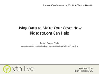Using	
  Data	
  to	
  Make	
  Your	
  Case:	
  How	
  
Kidsdata.org	
  Can	
  Help	
  
Regan	
  Foust,	
  Ph.D.	
  
Data	
  Manager,	
  Lucile	
  Packard	
  FoundaAon	
  for	
  Children’s	
  Health	
  
	
  
April 6-8, 2014
San Francisco, CA
Annual Conference on Youth + Tech + Health
	
  
 