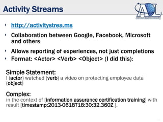 19
Activity Streams
‣ http://activitystrea.ms
‣ Collaboration between Google, Facebook, Microsoft
and others
‣ Allows reporting of experiences, not just completions
‣ Format: <Actor> <Verb> <Object> (I did this):
Simple Statement:
I (actor) watched (verb) a video on protecting employee data
(object)
Complex:
in the context of [information assurance certification training] with
result [timestamp:2013-0618T18:30:32.360Z ].
 