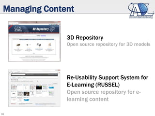 26
Managing Content
3D Repository
Open source repository for 3D models
Re-Usability Support System for
E-Learning (RUSSEL)
Open source repository for e-
learning content
 