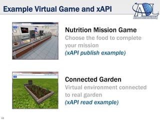 44
Example Virtual Game and xAPI
Nutrition Mission Game
Choose the food to complete
your mission
(xAPI publish example)
Connected Garden
Virtual environment connected
to real garden
(xAPI read example)
 