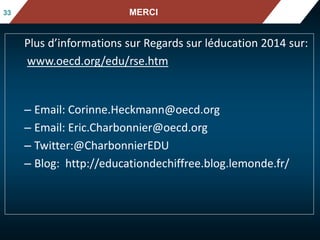 Mean mathematics performance, by school location, after 
33 MERCI Fig II.3.3 
accounting for socio-economic status 
Plus d’informations sur Regards sur léducation 2014 sur: 
www.oecd.org/edu/rse.htm 
– Email: Corinne.Heckmann@oecd.org 
– Email: Eric.Charbonnier@oecd.org 
– Twitter:@CharbonnierEDU 
– Blog: http://educationdechiffree.blog.lemonde.fr/ 
