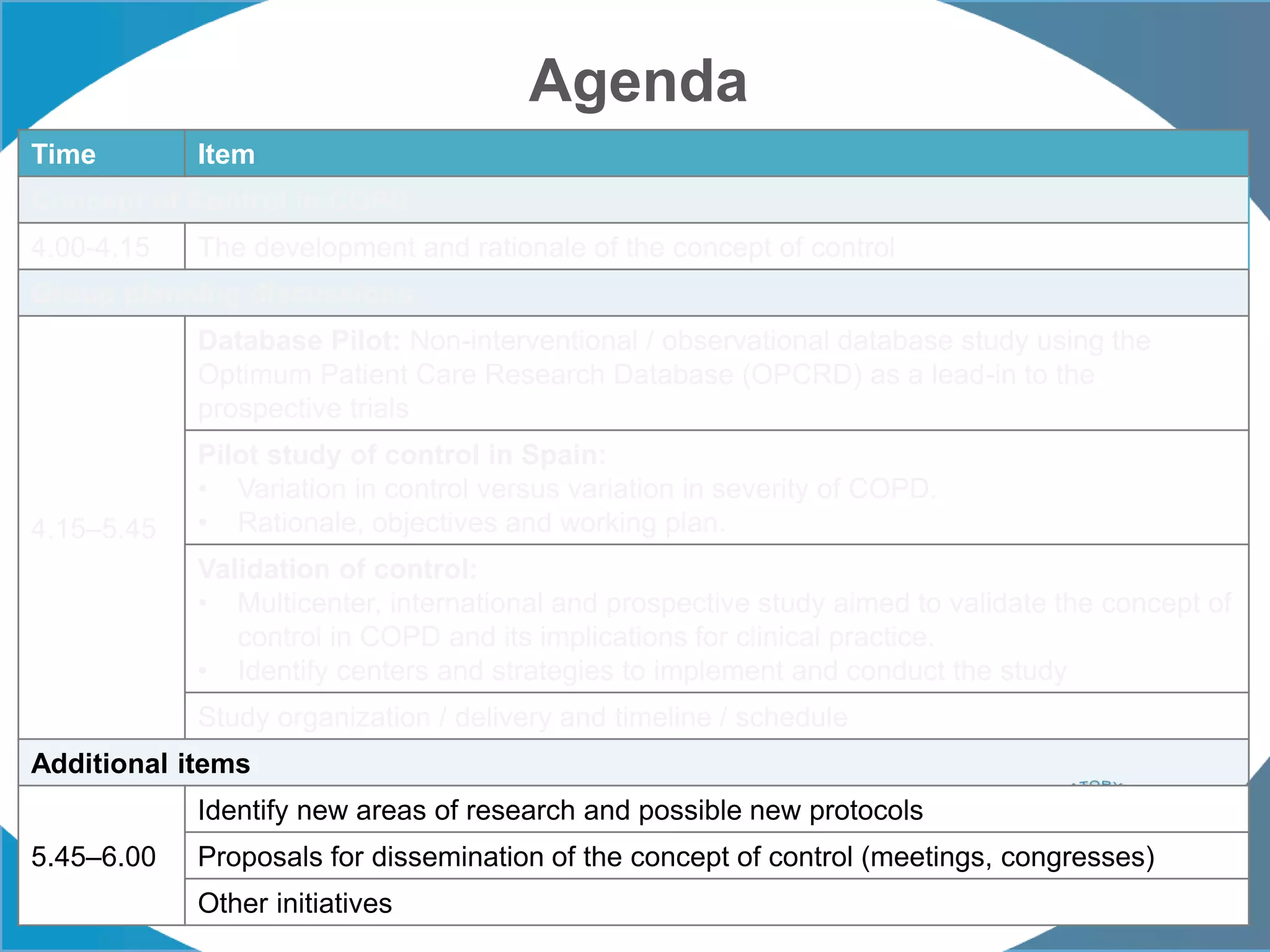Agenda
Time Item
Concept of Control in COPD
4.00-4.15 The development and rationale of the concept of control
Group planning discussions
4.15–5.45
Database Pilot: Non-interventional / observational database study using the
Optimum Patient Care Research Database (OPCRD) as a lead-in to the
prospective trials
Pilot study of control in Spain:
• Variation in control versus variation in severity of COPD.
• Rationale, objectives and working plan.
Validation of control:
• Multicenter, international and prospective study aimed to validate the concept of
control in COPD and its implications for clinical practice.
• Identify centers and strategies to implement and conduct the study
Study organization / delivery and timeline / schedule
Additional items
5.45–6.00
Identify new areas of research and possible new protocols
Proposals for dissemination of the concept of control (meetings, congresses)
Other initiatives
 