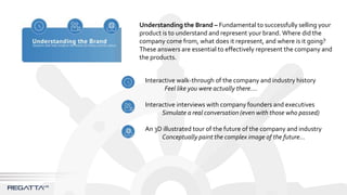 Understanding the Brand – Fundamental to successfully selling your
product is to understand and represent your brand. Where did the
company come from, what does it represent, and where is it going?
These answers are essential to effectively represent the company and
the products.
Interactive walk-through of the company and industry history
Feel like you were actually there….
Interactive interviews with company founders and executives
Simulate a real conversation (even with those who passed)
An 3D illustrated tour of the future of the company and industry
Conceptually paint the complex image of the future…
 