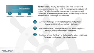 Reinforcement – Finally, developing sales skills and product
knowledge isn’t a one-time event. The company and products will
evolve. The sales force will encounter new circumstances and
challenges. As a sales rep gains experience, their ability to absorb
more advanced knowledge also increases.
Add new challenges over time to keep knowledge fresh
Stay up to date on all new software features….
Add new customer challenge scenarios. Increase complexity.
Challenge yourself and compete with others…
Continue to build the library of challenges for future employees.
Every new employee gets the full experience…
 