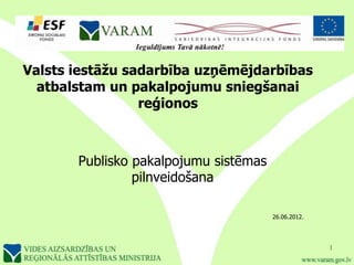 Valsts iestāžu sadarbība uzņēmējdarbības
  atbalstam un pakalpojumu sniegšanai
                 reģionos



       Publisko pakalpojumu sistēmas
                pilnveidošana

                                       26.06.2012.




                                                     1
 