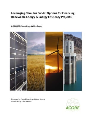 Leveraging Stimulus Funds: Options for Financing 
Renewable Energy & Energy Efficiency Projects 
 
 
A REGBEE Committee White Paper 
 
 
 
 
 
 
 
 
 
 
 
 
 
 
 
 
 
 
 
 
 
 
 
 
 
 
 
 
 
 
 
Prepared by Patrick Brandt and Jared Devine 
Submitted by Tom Weirich 
 