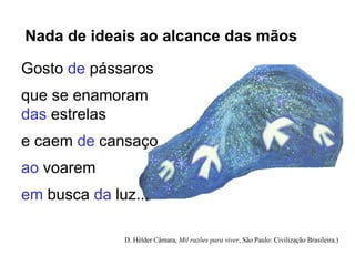 Gosto de pássaros
que se enamoram
das estrelas
e caem de cansaço
ao voarem
em busca da luz...
Nada de ideais ao alcance das mãos
D. Hélder Câmara, Mil razões para viver, São Paulo: Civilização Brasileira.)
 