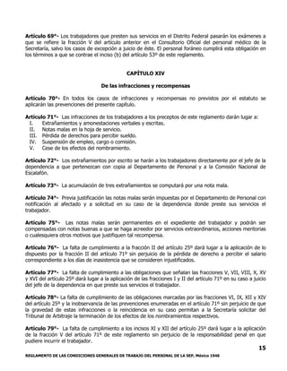 REGLAMENTO DE LAS CONDICIONES GENERALES DE TRABAJO DEL PERSONAL DE LA SEP, México 1946
15
Artículo 69°- Los trabajadores que presten sus servicios en el Distrito Federal pasarán los exámenes a
que se refiere la fracción V del artículo anterior en el Consultorio Oficial del personal médico de la
Secretaría, salvo los casos de excepción a juicio de éste. El personal foráneo cumplirá esta obligación en
los términos a que se contrae el inciso (b) del artículo 53º de este reglamento.
CAPÍTULO XIV
De las infracciones y recompensas
Artículo 70°- En todos los casos de infracciones y recompensas no previstos por el estatuto se
aplicarán las prevenciones del presente capítulo.
Artículo 71°- Las infracciones de los trabajadores a los preceptos de este reglamento darán lugar a:
I. Extrañamientos y amonestaciones verbales y escritas.
II. Notas malas en la hoja de servicio.
III. Pérdida de derechos para percibir sueldo.
IV. Suspensión de empleo, cargo o comisión.
V. Cese de los efectos del nombramiento.
Artículo 72°- Los extrañamientos por escrito se harán a los trabajadores directamente por el jefe de la
dependencia a que pertenezcan con copia al Departamento de Personal y a la Comisión Nacional de
Escalafón.
Artículo 73°- La acumulación de tres extrañamientos se computará por una nota mala.
Artículo 74°- Previa justificación las notas malas serán impuestas por el Departamento de Personal con
notificación al afectado y a solicitud en su caso de la dependencia donde preste sus servicios el
trabajador.
Artículo 75°- Las notas malas serán permanentes en el expediente del trabajador y podrán ser
compensadas con notas buenas a que se haga acreedor por servicios extraordinarios, acciones meritorias
o cualesquiera otros motivos que justifiquen tal recompensa.
Artículo 76°- La falta de cumplimiento a la fracción II del artículo 25º dará lugar a la aplicación de lo
dispuesto por la fracción II del artículo 71º sin perjuicio de la pérdida de derecho a percibir el salario
correspondiente a los días de inasistencia que se consideren injustificados.
Artículo 77°- La falta de cumplimiento a las obligaciones que señalan las fracciones V, VII, VIII, X, XV
y XVI del artículo 25º dará lugar a la aplicación de las fracciones I y II del artículo 71º en su caso a juicio
del jefe de la dependencia en que preste sus servicios el trabajador.
Artículo 78°- La falta de cumplimiento de las obligaciones marcadas por las fracciones VI, IX, XII y XIV
del artículo 25º y la inobservancia de las prevenciones enumeradas en el artículo 71º sin perjuicio de que
la gravedad de estas infracciones o la reincidencia en su caso permitan a la Secretaría solicitar del
Tribunal de Arbitraje la terminación de los efectos de los nombramientos respectivos.
Artículo 79°- La falta de cumplimiento a los incisos XI y XII del artículo 25º dará lugar a la aplicación
de la fracción V del artículo 71º de este reglamento sin perjuicio de la responsabilidad penal en que
pudiere incurrir el trabajador.
 