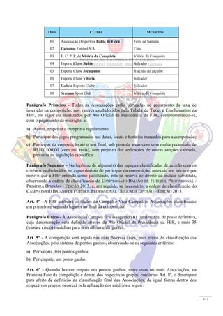 5/15
ORD CLUBES MUNICÍPIO
01 Associação Desportiva Bahia de Feira Feira de Santana
02 Catuense Futebol S/A Catu
03 E. C. P. P. de Vitória da Conquista Vitória da Conquista
04 Esporte Clube Bahia Salvador
05 Esporte Clube Jacuipense Riachão do Jacuípe
06 Esporte Clube Vitória Salvador
07 Galícia Esporte Clube Salvador
08 Serrano Sport Club Vitória da Conquista
Parágrafo Primeiro - Todas as Associações estão obrigadas ao pagamento da taxa de
inscrição na competição, nos valores estabelecidos pela Tabela de Taxas e Emolumentos da
FBF, em vigor ou atualizados por Ato Oficial da Presidência da FBF, comprometendo-se,
com o pagamento da inscrição, a:
a) Acatar, respeitar e cumprir o regulamento;
b) Participar dos jogos programados nas datas, locais e horários marcados para a competição;
c) Participar da competição até o seu final, sob pena de arcar com uma multa pecuniária de
R$100.000,00 (cem mil reais), sem prejuízo das aplicações de outras sanções cabíveis,
previstas na legislação específica.
Parágrafo Segundo – Na hipótese de alguma(s) das equipes classificadas de acordo com os
critérios estabelecidos no caput desistir de participar da competição, antes do seu início e por
motivo que a FBF entenda como justificado, esta se reserva ao direito de indicar substituta,
observando a ordem de classificação do CAMPEONATO BAIANO DE FUTEBOL PROFISSIONAL /
PRIMEIRA DIVISÃO – EDIÇÃO 2013, e, em seguida, se necessário, a ordem de classificação do
CAMPEONATO BAIANO DE FUTEBOL PROFISSIONAL / SEGUNDA DIVISÃO – EDIÇÃO 2013.
Art. 4º - A FBF atribuirá os títulos de Campeã e Vice-Campeã às Associações classificadas
em primeiro e segundo lugares ao final da competição.
Parágrafo Único - À Associação Campeã fica assegurado 01 (um) troféu, de posse definitiva,
cuja denominação será definida através de Ato Oficial da Presidência da FBF, e mais 35
(trinta e cinco) medalhas para seus atletas e dirigentes.
Art. 5º - A competição será regida nas suas diversas fases, para efeito de classificação das
Associações, pelo sistema de pontos ganhos, observando-se os seguintes critérios:
a) Por vitória, três pontos ganhos;
b) Por empate, um ponto ganho.
Art. 6º - Quando houver empate em pontos ganhos, entre duas ou mais Associações, na
Primeira Fase da competição e dentro dos respectivos grupos, conforme Art. 8º, o desempate
para efeito de definição da classificação final das Associações, de igual forma dentro dos
respectivos grupos, ocorrerá pela aplicação dos critérios a seguir:
 