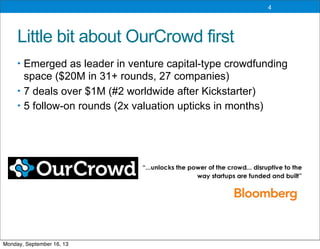 Little bit about OurCrowd first
• Emerged as leader in venture capital-type crowdfunding
space ($20M in 31+ rounds, 27 companies)
• 7 deals over $1M (#2 worldwide after Kickstarter)
• 5 follow-on rounds (2x valuation upticks in months)
4
Monday, September 16, 13
 