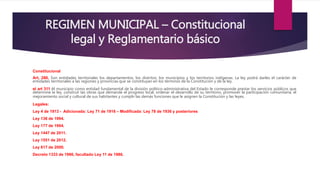 REGIMEN MUNICIPAL – Constitucional
legal y Reglamentario básico
Constitucional
Art. 286, Son entidades territoriales los departamentos, los distritos, los municipios y los territorios indígenas. La ley podrá darles el carácter de
entidades territoriales a las regiones y provincias que se constituyan en los términos de la Constitución y de la ley.
el art 311 Al municipio como entidad fundamental de la división politico-administrativa del Estado le corresponde prestar los servicios públicos que
determine la ley, construir las obras que demande el progreso local, ordenar el desarrollo de su territorio, promover la participación comunitaria, el
mejoramiento social y cultural de sus habitantes y cumplir las demás funciones que le asignen la Constitución y las leyes.
Legales:
Ley 4 de 1913 - Adicionada: Ley 71 de 1916 – Modificada: Ley 78 de 1936 y posteriores
Ley 136 de 1994.
Ley 177 de 1994.
Ley 1447 de 2011.
Ley 1551 de 2012.
Ley 617 de 2000.
Decreto 1333 de 1986, facultado Ley 11 de 1986.
 