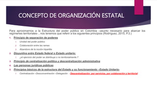 CONCEPTO DE ORGANIZACIÓN ESTATAL
Para aproximarnos a la Estructura del poder público en Colombia –asunto necesario para abarcar los
regímenes territoriales- , nos tenemos que referir a los siguientes principios (Rodríguez, 2015, P.3.)
1. Principio de separación de poderes
1. Unidad del poder público
2. Colaboración entre las ramas
3. Abandono de la noción tripartita
2. Disyuntiva entre Estado federal o Estado unitario:
1. ¿el ejercicio del poder se distribuye o no territorialmente.?
3. Principio de centralización política y descentralización administrativa
4. Las personas jurídicas públicas
5. Principios básicos de la estructura del Estado y su funcionamiento –Estado Unitario-
1. Centralización –Desconcentración –Delegación - Descentralización: por servicios, por colaboración y territorial
 