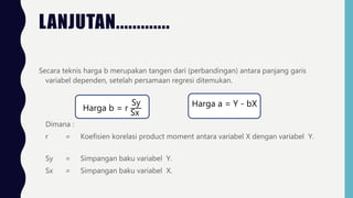 LANJUTAN.............
Secara teknis harga b merupakan tangen dari (perbandingan) antara panjang garis
variabel dependen, setelah persamaan regresi ditemukan.
Dimana :
r = Koefisien korelasi product moment antara variabel X dengan variabel Y.
Sy = Simpangan baku variabel Y.
Sx = Simpangan baku variabel X.
Harga b = r
Sy
Sx
Harga a = Y - bX
 