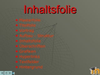 Inhaltsfolie Masterfolie Titelfolie Vortrag Aufbau - Struktur Inhaltsfolie Überschriften Grafiken Hyperlinks Textfelder Hintergrund 