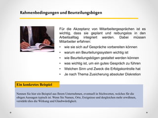 Für die Akzeptanz von Mitarbeitergesprächen ist es
wichtig, dass sie geplant und reibungslos in den
Arbeitsalltag integriert werden. Dabei müssen
Mitarbeiter erfahren:
• wie sie sich auf Gespräche vorbereiten können
• warum ein Beurteilungssystem wichtig ist
• wie Beurteilungsbögen gestaltet werden können
• was wichtig ist, um ein gutes Gespräch zu führen
• Welchen Sinn und Zweck die Erfolgskontrolle hat
• Je nach Thema Zusicherung absoluter Diskretion
Rahmenbedingungen und Beurteilungsbögen
Nennen Sie hier ein Beispiel aus Ihrem Unternehmen, eventuell in Stichworten, welches für die
obigen Aussagen typisch ist. Wenn Sie Namen, Orte, Ereignisse und dergleichen mehr erwähnen,
verstärkt dies die Wirkung und Glaubwürdigkeit.
Ein konkretes Beispiel
 