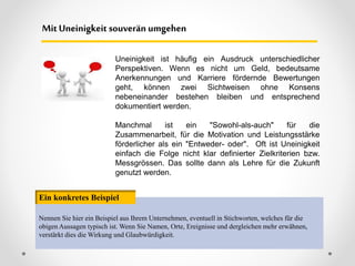 Mit Uneinigkeit souverän umgehen
Nennen Sie hier ein Beispiel aus Ihrem Unternehmen, eventuell in Stichworten, welches für die
obigen Aussagen typisch ist. Wenn Sie Namen, Orte, Ereignisse und dergleichen mehr erwähnen,
verstärkt dies die Wirkung und Glaubwürdigkeit.
Ein konkretes Beispiel
Uneinigkeit ist häufig ein Ausdruck unterschiedlicher
Perspektiven. Wenn es nicht um Geld, bedeutsame
Anerkennungen und Karriere fördernde Bewertungen
geht, können zwei Sichtweisen ohne Konsens
nebeneinander bestehen bleiben und entsprechend
dokumentiert werden.
Manchmal ist ein "Sowohl-als-auch" für die
Zusammenarbeit, für die Motivation und Leistungsstärke
förderlicher als ein "Entweder- oder". Oft ist Uneinigkeit
einfach die Folge nicht klar definierter Zielkriterien bzw.
Messgrössen. Das sollte dann als Lehre für die Zukunft
genutzt werden.
 