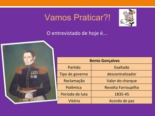 Vamos Praticar?! O entrevistado de hoje é... Bento Gonçalves Partido Exaltado Tipo de governo  descentralizador Reclamação Valor do charque Polêmica  Revolta Farroupilha Período de luta 1835-45 Vitória Acordo de paz 