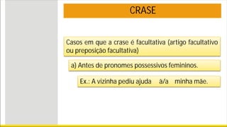 CRASE
Casos em que a crase é facultativa (artigo facultativo
ou preposição facultativa)
a) Antes de pronomes possessivos femininos.
Ex.: A vizinha pediu ajuda à/a minha mãe.
 