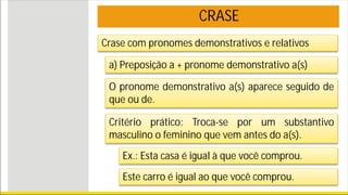 CRASE
Crase com pronomes demonstrativos e relativos
a) Preposição a + pronome demonstrativo a(s)
O pronome demonstrativo a(s) aparece seguido de
que ou de.
Critério prático: Troca-se por um substantivo
masculino o feminino que vem antes do a(s).
Ex.: Esta casa é igual à que você comprou.
Este carro é igual ao que você comprou.
 