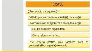 CRASE
b) Preposição a + aqueles(s)
Critério prático: Troca-se aquele(s) por este(s).
Só ocorre crase se aparecer a antes do este(s).
Ex.: Ele se refere àquele fato.
Ele se refere a este fato.
Esse critério prático vale também para os
demonstrativos aquela(s) e aquilo.
 