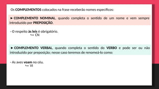 Os COMPLEMENTOS colocados na frase receberão nomes específicos:
▶COMPLEMENTO VERBAL, quando completa o sentido do VERBO e pode ser ou não
introduzido por preposição; nesse caso teremos de renomeá-lo como:
▶COMPLEMENTO NOMINAL, quando completa o sentido de um nome e vem sempre
introduzido por PREPOSIÇÃO.
- As aves voam no céu.
↪ VI
- O respeito às leis é obrigatório.
↪ CN
 