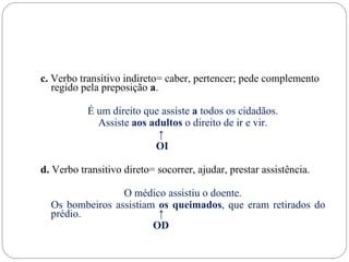 c. Verbo transitivo indireto= caber, pertencer; pede complemento
   regido pela preposição a.

           É um direito que assiste a todos os cidadãos.
             Assiste aos adultos o direito de ir e vir.
                           ↑
                          OI

d. Verbo transitivo direto= socorrer, ajudar, prestar assistência.

                 O médico assistiu o doente.
  Os bombeiros assistiam os queimados, que eram retirados do
  prédio.                ↑
                        OD
 