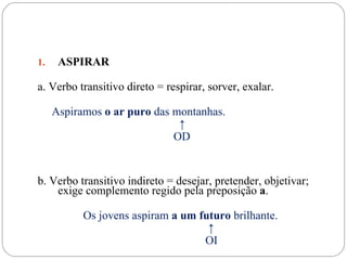 1.    ASPIRAR

a. Verbo transitivo direto = respirar, sorver, exalar.

     Aspiramos o ar puro das montanhas.
                              ↑
                             OD


b. Verbo transitivo indireto = desejar, pretender, objetivar;
    exige complemento regido pela preposição a.

           Os jovens aspiram a um futuro brilhante.
                                    ↑
                                   OI
 