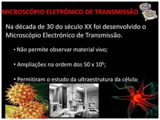MICROSCÓPIO ELETRÓNICO DE TRANSMISSÃO

 Na década de 30 do século XX foi desenvolvido o
 Microscópio Electrónico de Transmissão.
   • Não permite observar material vivo;

   • Ampliações na ordem dos 50 x 106;

   • Permitiram o estudo da ultraestrutura da célula;
 