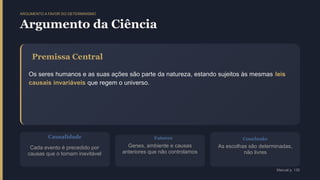 ARGUMENTO A FAVOR DO DETERMINISMO
Argumento da Ciência
Premissa Central
Os seres humanos e as suas ações são parte da natureza, estando sujeitos às mesmas leis
causais invariáveis que regem o universo.
Causalidade
Cada evento é precedido por
causas que o tornam inevitável
Fatores
Genes, ambiente e causas
anteriores que não controlamos
Conclusão
As escolhas são determinadas,
não livres
Manual p. 130
 