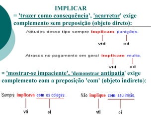 IMPLICAR
= 'trazer como consequência', 'acarretar' exige
complemento sem preposição (objeto direto):
= 'mostrar-se impaciente', 'demonstrar antipatia' exige
complemento com a preposição 'com' (objeto indireto):
 