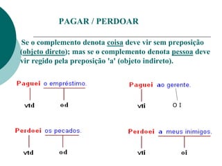 PAGAR / PERDOAR
Se o complemento denota coisa deve vir sem preposição
(objeto direto); mas se o complemento denota pessoa deve
vir regido pela preposição 'a' (objeto indireto).
O I
 