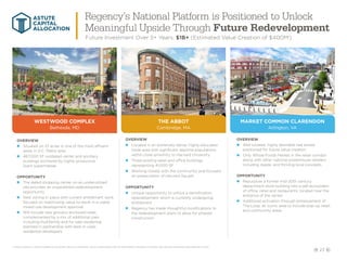 23
WESTWOOD COMPLEX
Bethesda, MD
OVERVIEW
nn Situated on 22 acres in one of the most affluent
areas in D.C. Metro area
nn 467,000 SF outdated center and ancillary
buildings anchored by highly productive
Giant supermarket
OPPORTUNITY
nn The dated shopping center on an underutilized
site provides an unparalleled redevelopment
opportunity
nn New zoning in place with current entitlement work
focused on maximizing value to result in a viable
mixed-use development approval
nn Will include new grocery-anchored retail,
complemented by a mix of additional uses
including multifamily and for sale residential,
planned in partnership with best-in-class
residential developers
THE ABBOT
Cambridge, MA
MARKET COMMON CLARENDON
Arlington, VA
OVERVIEW
nn Located in an extremely dense, highly educated
trade area with significant daytime populations
within close proximity to Harvard University
nn Three existing retail and office buildings
representing 41,000 SF
nn Working closely with the community and focused
on preservation of Harvard Square
OPPORTUNITY
nn Unique opportunity to unlock a densification
redevelopment which is currently undergoing
entitlement
nn Regency has made thoughtful modifications to
the redevelopment plans to allow for phased
construction
OVERVIEW
nn Well located, highly desirable real estate
positioned for future value creation
nn Only Whole Foods Market in the retail corridor
along with other national powerhouse retailers
including Apple, and thriving local concepts
OPPORTUNITY
nn Repurpose a former mid-20th century
department store building into a self-ecosystem
of office, retail and restaurants, located near the
entrance of the center
nn Additional activation through enhancement of
The Loop, an iconic area to include pop-up retail
and community areas
Regency’s National Platform is Positioned to Unlock
Meaningful Upside Through Future Redevelopment
ASTUTE
CAPITAL
ALLOCATION
Future Investment Over 5+ Years: $1B+ (Estimated Value Creation of $400Mi
)
i. Value Creation is the estimated incremental value at completion using underwritten NOI at stabilization valued at a market cap rate less estimated development costs.
 