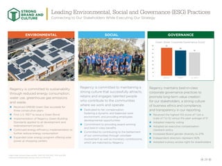 28
STRONG
BRAND AND
CULTURE
Leading Environmental, Social and Governance (ESG) Practices
Connecting to Our Stakeholders While Executing Our Strategy
0
10
20
30
40
50
60
70
80
66
61
73
REGENCY PEERS1
ALL REITS
Green Street Corporate Governance Scorei
i. Green Street Advisors; Peers are BRX, DDR, FRT, KIM, ROIC, RPAI, and WRI
ii. Institutional Shareholder Services. (ISS) as of 06-01-18.
Regency is committed to sustainability
through reduced energy consumption,
water use, greenhouse gas emissions
and waste.
nn Received GRESB Green Star accolade for
three consecutive years
nn First U.S. REIT to issue a Green Bond
nn Implementation of Regency Green Building
Standards applied to all development and
redevelopment projects
nn Continued energy efficiency implementation to
further reduce energy consumption
nn Expanded solar energy program offering solar
power at shopping centers
Regency is committed to maintaining a
strong culture that successfully attracts,
retains and engages talented people
who contribute to the communities
where we work and operate.
nn Dedicated to fair compensation,
fostering a dynamic and balanced work
environment, and providing employees
developmental opportunities
nn Commitment to providing award-winning
and best-in-class benefits
nn Committed to contributing to the betterment
of our communities through volunteer
involvement as well as monetary contributions,
which are matched by Regency
Regency maintains best-in-class
corporate governance practices to
promote long-term value creation
for our stakeholders, a strong culture
of business ethics and compliance,
and transparency in our reporting.
nn Received the highest ISS score of 1 (on a
scale of 1 to 5) versus the peer average of 5ii
nn Adopted majority voting
nn Adopted an executive compensation
clawback policy
nn Increased Board gender diversity to 27%
nn Independent directors represent 82%
nn Adopted a proxy access right for shareholders
ENVIRONMENTAL SOCIAL GOVERNANCE
 