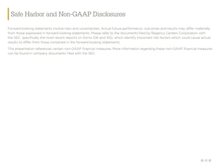 30
Forward-looking statements involve risks and uncertainties. Actual future performance, outcomes and results may differ materially
from those expressed in forward-looking statements. Please refer to the documents filed by Regency Centers Corporation with
the SEC, specifically the most recent reports on forms 10K and 10Q, which identify important risk factors which could cause actual
results to differ from those contained in the forward-looking statements.
This presentation references certain non-GAAP financial measures. More information regarding these non-GAAP financial measures
can be found in company documents filed with the SEC.
Safe Harbor and Non-GAAP Disclosures
 