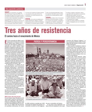 2010 | enero | número 1 | regeneración       3

  Una oposición auténtica
2007,        el movimiento y los partidos      sus socios. Se cuestiona la reforma judicial      y hace una propuesta alternativa y frena           de reducir el gasto en educación, salud y
del Frente Amplio Progresista (PRD, PT y       y se presenta una ley para eliminar los           los aspectos más dañinos para el interés           seguridad social. Se presenta una propuesta
Convergencia) logran que se destine dinero     monopolios y los cobros excesivos a los           nacional de la iniciativa panista y priista.       alternativa para obtener recursos sin
a la pensión alimentaria de adultos mayores    consumidores.                                                                                        aumentar impuestos, reduciendo el gasto
en zonas rurales marginadas; fue ampliado                                                        2009,        en plena crisis, el movimiento        superfluo del gobierno y cobrando impuestos
a las poblaciones de menos de 30 mil           2008, fue el año de la batalla por el             defiende la economía popular y rechaza             a los grandes que no pagan.
habitantes. Ese año rechazan la reforma a la   petróleo. Movilización callejera y protesta       los aumentos de impuestos y energéticos            A partir de octubre protesta por el despido
ley del ISSSTE que entregó las pensiones       parlamentaria contra la reforma privatizadora     propuestos por Calderón y apoyados por             de 44 mil trabajadores de Luz y Fuerza del
de los burócratas a Elba Esther Gordillo y     de Calderón. El movimiento gana el debate         el PRI. Se opone a la intención panista            Centro.




Tres años de resistencia
El camino hacia el renacimiento de México

E
      l 22 de noviembre de 2009, la mul-                                                                                                            sentantes del Gobierno Legítimo y se
      titud colmó el Zócalo de la Ciudad                           FUERZA Y PERSEVERANCIA                                                           han constituido mil 950 comités. No hay
      de México para celebrar el tercer                                                                                                             región del país donde no exista un gru-
aniversario del Gobierno Legítimo, en-                                                                                                              po del movimiento.
cabezado por Andrés Manuel López                                                                                                                       Entre muchos ciudadanos existe la
Obrador. Ese gobierno colectivo es sím-                                                                                                             convicción de que es tan grave el de-
bolo de la resistencia civil pacífica con-                                                                                                          terioro social y tan grande el atraso
tra la imposición de Calderón y ha sido,                                                                                                            de la vida nacional, que sino hay una
también, un instrumento para organi-                                                                                                                renovación radical para acabar con el
zar un gran movimiento ciudadano.                                                                                                                   actual régimen de opresión, que si el
   “No nos rendiremos, no nos cansa-                                                                                                                cambio no viene de abajo, no se va a
remos”, les recordó López Obrador a las                                                                                                             revertir la decadencia.
más de 100 mil personas que desborda-                                                                                                                  Como dijo Andrés Manuel: “¿Qué
ron la plaza, la mayoría integrantes de                                                                                                             podemos hacer cada uno de nosotros?
los comités municipales del Gobierno                                                                                                                Lo más importante es seguir orien-
Legítimo de todas las regiones del país.                                                                                                            tando, haciendo conciencia y orga-
“El pueblo organizado que lucha por la                                                                                                              nizando al pueblo. Es el momento de
transformación de México”, dijo.                                                                                                                    aplicarnos a fondo, de hacer trabajo
   El Movimiento en Defensa de la                                                                                                                   de convencimiento con vecinos, ami-
Economía Popular –antes Convención                                                                                                                  gos, familiares y compañeras y com-
Nacional Democrática y Movimiento                                                                                                                   pañeros de trabajo. Hay que organizar
en Defensa del Petróleo– junto con los                                                                                                              comités en barrios, colonias, unidades
partidos del Frente Amplio Progresista                                                                                                              habitacionales y pueblos. Que cada
(PRD, PT y Convergencia) ha defendido                                                                                                               quien haga lo que le corresponda y
los derechos del pueblo a través de ac-         Entre julio de 2006 y noviembre de 2009, el movimiento que encabeza Andrés Manuel                   tome la iniciativa. Hay que persuadir
ciones de resistencia en el parlamento          López Obrador ha colmado el Zócalo capitalino en 16 ocasiones.                                      y hablar con la verdad, decir con toda
y de protesta en la calle; con imagina-                                                                                                             franqueza que si no hay un cambio
ción y trabajo desde la base.                                                                                                                       verdadero no saldremos adelante”…
   El movimiento no ha dejado de lu-                                                                                                                   –Estoy optimista–, les dijo AMLO.
char a favor de los pobres, los indígenas,                                                                                                          Los poderosos se imponen con el di-
los campesinos, los trabajadores, los                                                                                                               nero, el prejuicio racista y clasista, las
ancianos, los discapacitados, las muje-                                                                                                             injusticias, la ilegalidad y la manipu-
res, los jóvenes. Por la defensa de los de-                                                                                                         lación de muchos medios de comuni-
rechos humanos, la educación pública,                                                                                                               cación. Nosotros por el contrario, sólo
los recursos naturales, el petróleo y la                                                                                                            disponemos de lo mero principal: la
industria eléctrica nacional.                                                                                                                       voluntad de cambio de millones de
   A pesar de la peor campaña mediá-                                                                                                                personas libres y concientes…
tica que se tenga memoria, no han po-                                                                                                                  Ahora que se agravan el desempleo
dido destruir la resistencia ciudadana,                                                                                                             y la carestía, el movimiento luchará
ni acabar con el liderazgo de AMLO ni                                                                                                               por frenar el deterioro de las familias y
dividir al movimiento.                                                                                                                              los aumentos de impuestos, gasolinas,
                                                                                                                                                    diesel, gas y luz. Esa es la labor de las
AMLO conoce cada rincón del país                                                                                                                    Casas del Movimiento: brindar apoyo
En este tiempo, López Obrador recorrió                                                                                                              a las luchas del pueblo mexicano.
todo el país y visitó los 2 mil 456 muni-       Las brigadistas, parte esencial de la lucha pacífica.                                                  La oligarquía ve a la población como
cipios de la República. Algo inédito en                                                                                                             una masa sumisa y manipulable. El mo-
la historia. El Presidente Legítimo viajó                                                                                                           vimiento apuesta a que los ciudadanos,
por tierra 160 mil kilómetros y tuvo con-      de 2009 concluyó su periplo por 2,038             de usos y costumbres, de Oaxaca.                   cada vez más informados, participen
tacto con un millón 200 mil personas           municipios de régimen de partido y en                En tres años se han registrado 2 mi-            en el cambio y en la construcción de un
en asambleas informativas. En marzo            noviembre terminó los 418 indígenas,              llones 300 mil ciudadanos como repre-              Proyecto Alternativo de Nación.
 